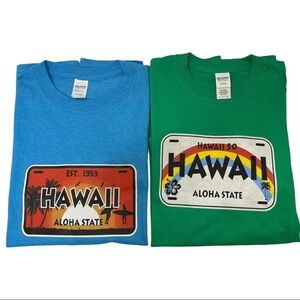 Lot of 2 Hawaii 50 Aloha State License Plate Hawaiian Men’s Cotton T-shirt Sz L